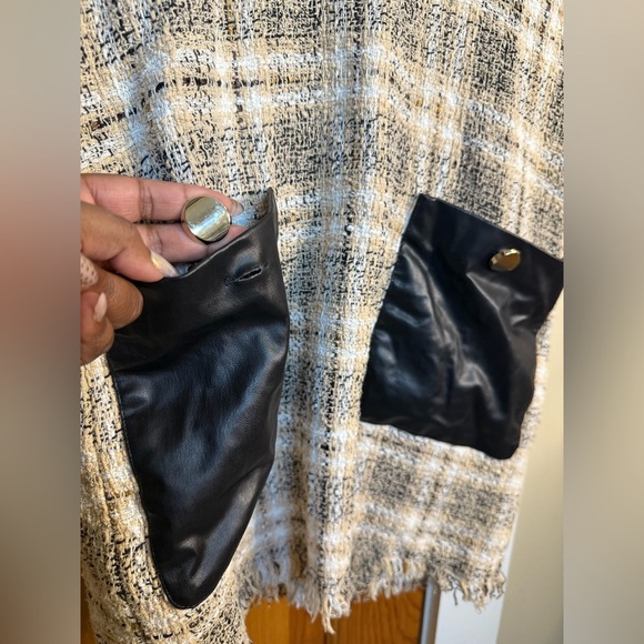 Zara Beige Plaid Tweed Tunic Mini Dress with faux Leather Pockets - Picture 6 of 9